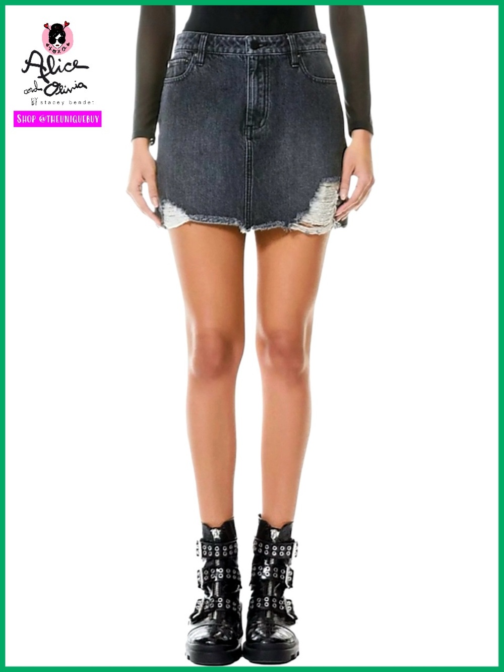 Alice + Olivia Good High Rise Distressed Mini Denim Jeans Skirt